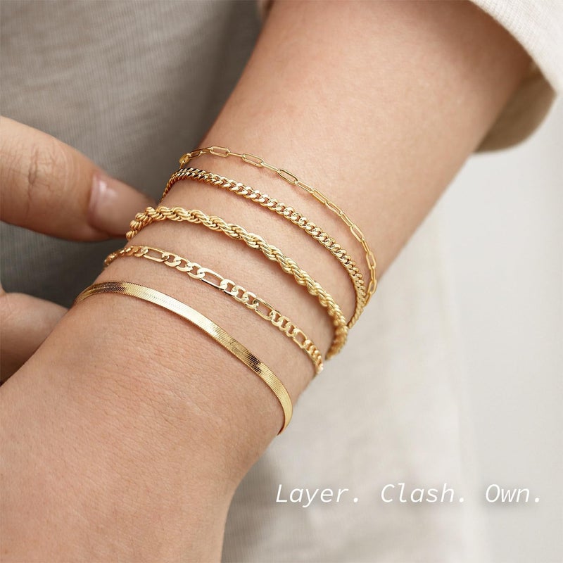 Krfy 5/6Pcs Gold Plated Bracelets for Women Trendy, S925 Plated Silver Bracelet Stack, Non Tarnish Waterproof Bracelets for Women, Paperclip Herringbone Figaro Cuban Twist Chains, Size 6.5''+2'' - Image 3